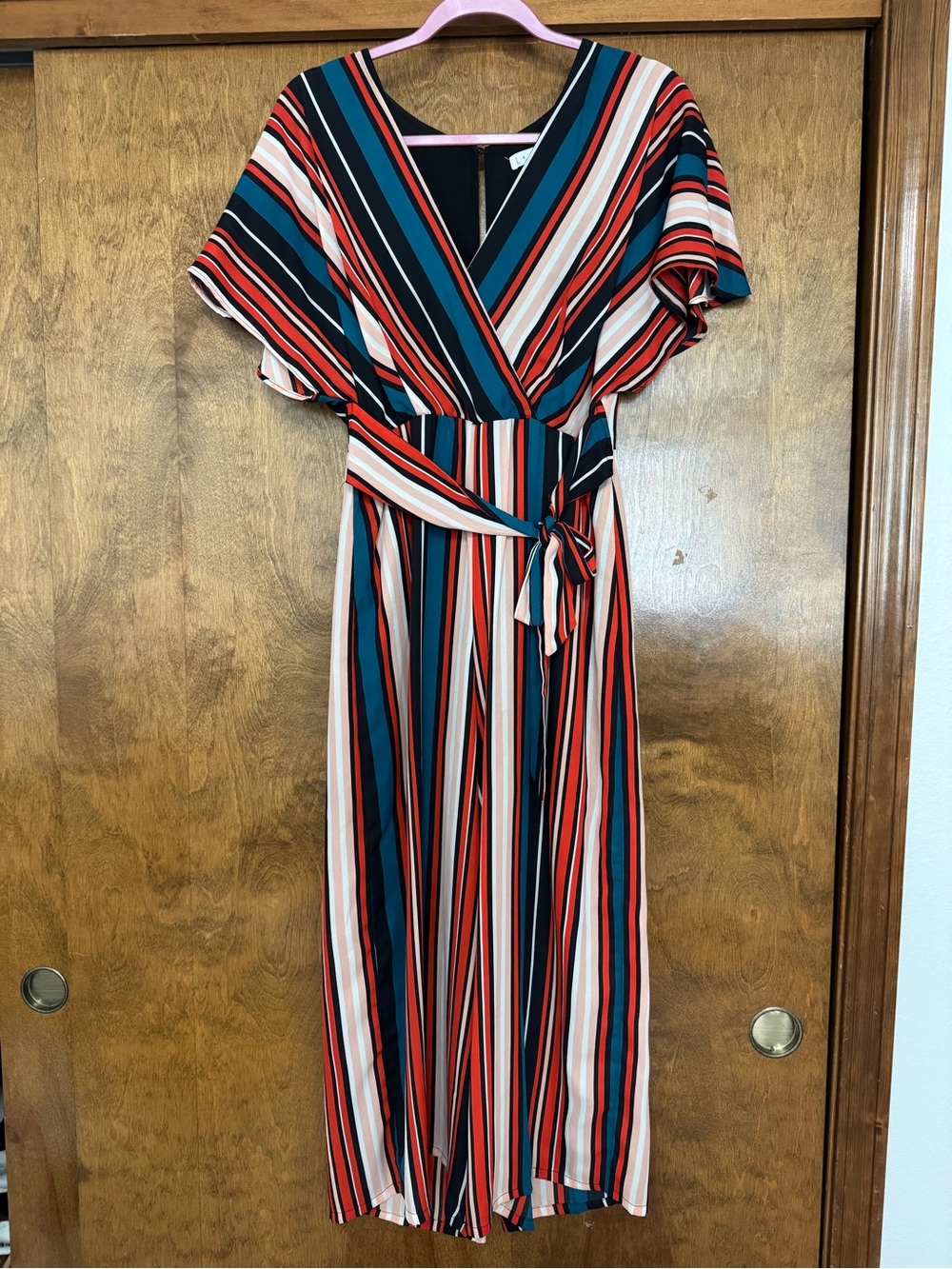 Leith Striped Wrap Midi Dress in Red, Teal & Black